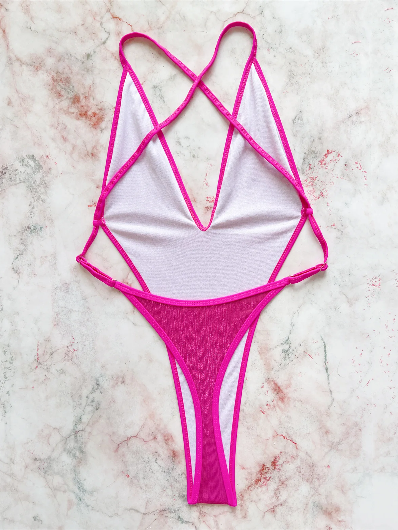 Sexy gillter rosa vermelho sem costas biquinis uma peça profundo decote em v maiô bodysuits banho biquini conjunto de biquíni tankini