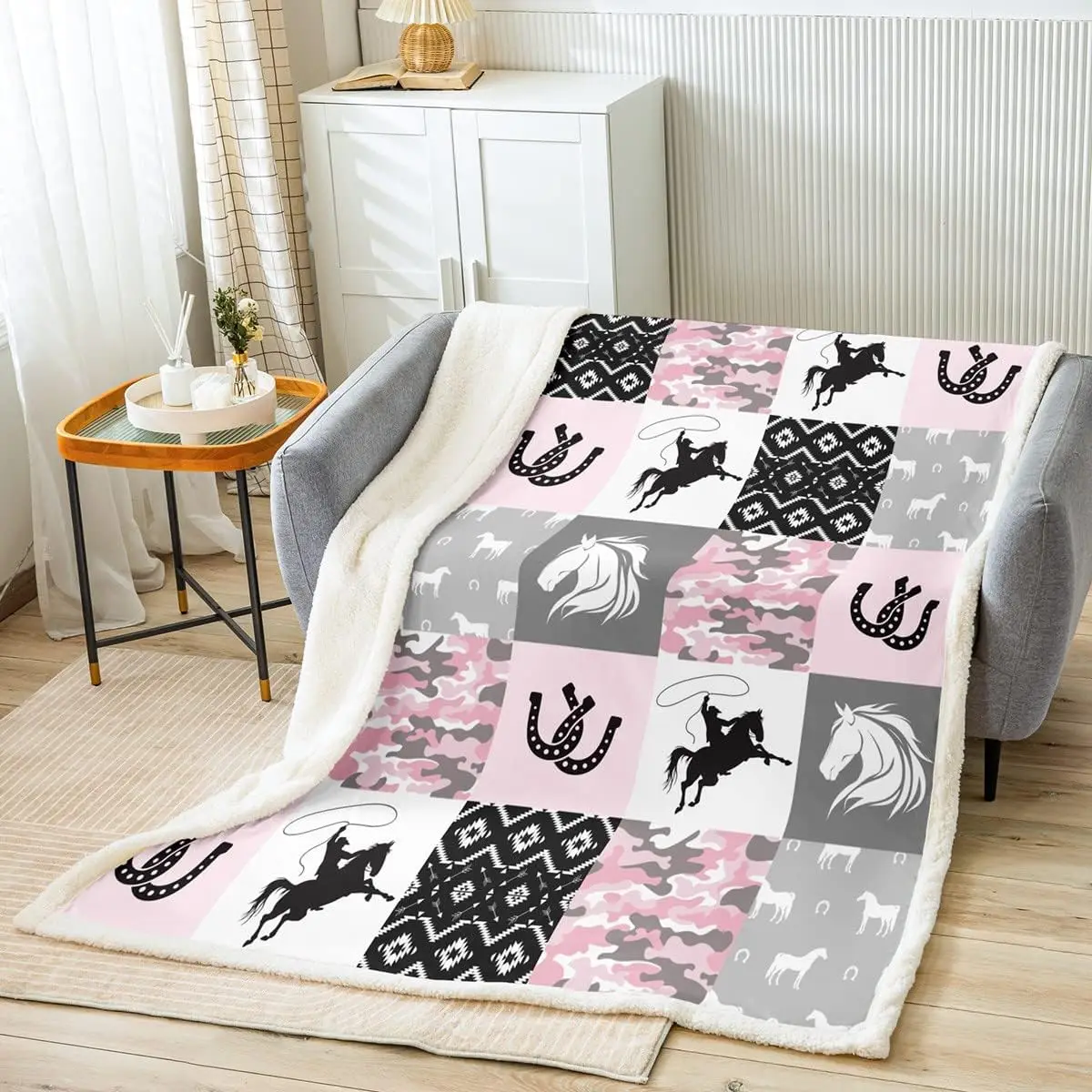 Camo Horse Kids Throw Blanket,Cowboys Horseshoe Aztec Tribal Bed Blanket for Boys Girls Adults,Geometric Plaids Arrows