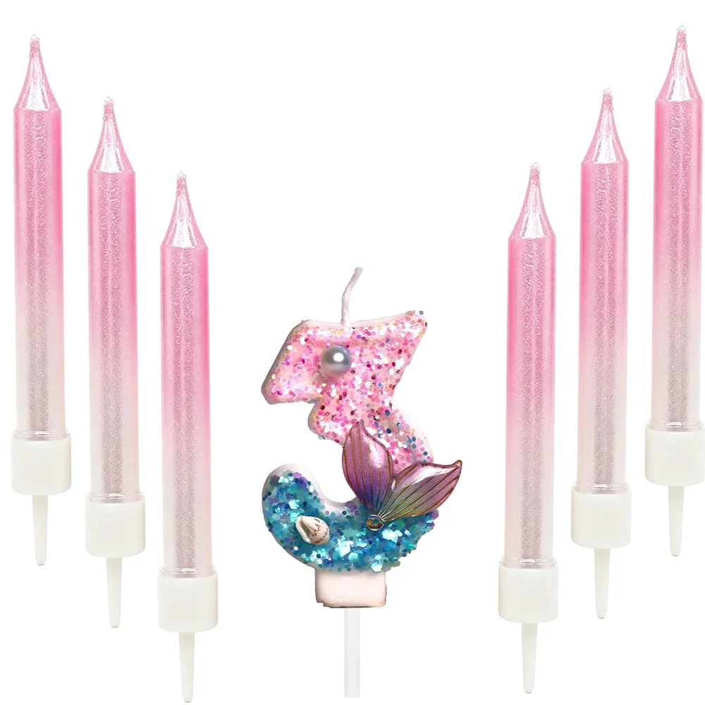 6/7pcs Mermaid Tail Glitter Birthday Number Candles Mermaid Themed Cake Toppers DIY Party Decorations Baby Shower Party Supplies view 5