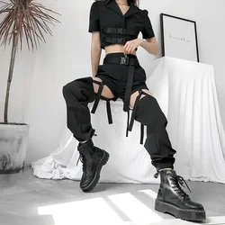 Streetwear yüksek bel tulum moda kadınlar koşu pantolonları sokak tarzı pantolon toka spor pantolon ayarlanabilir içi boş pantolon