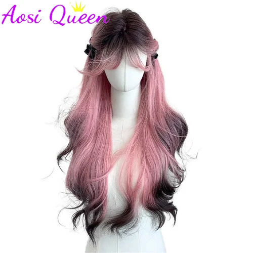 Imagen 2 del producto AosiQueen-pelucas sintéticas ombré para mujer, color negro, rosa, largo ondulado, en capas, con flequillo, pelo falso resistente al calor