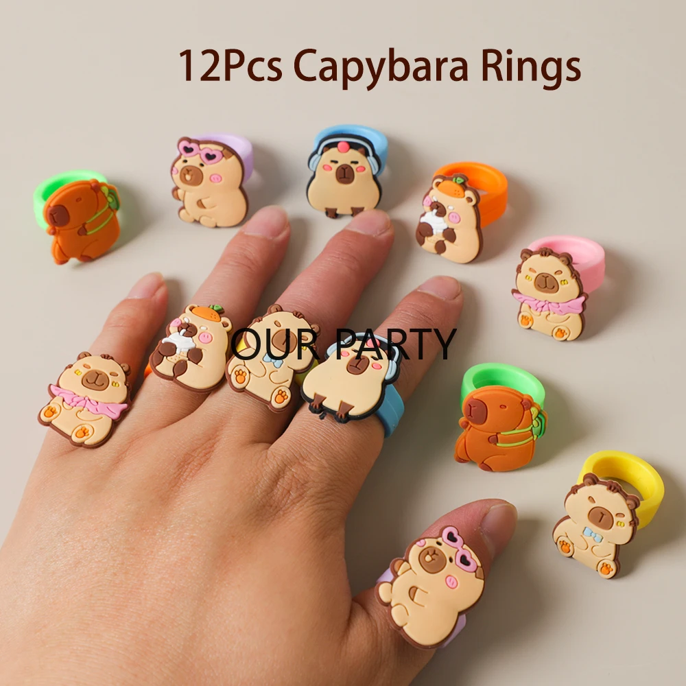 12 Uds. Anillos de silicona de capibara de animales de dibujos animados para niños, recuerdos de fiesta de cumpleaños, recompensas escolares, rellenos de piñata, bolsa de regalos para Baby Shower