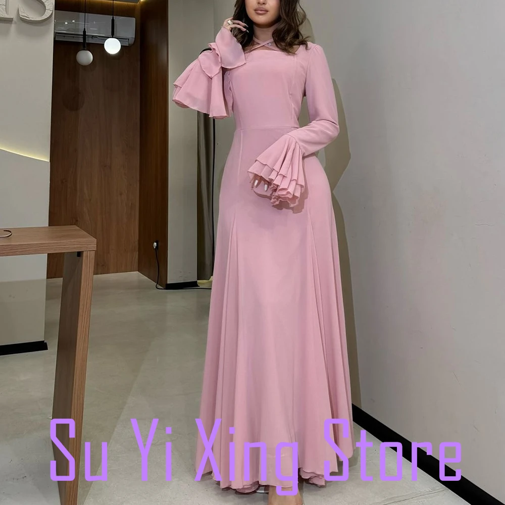 Customized Chiffon Criss-Cross Halter Long Sleeves Floor Length Pleats Ruffles Flare Sleeves Sweep Train Graceful and Fashion Ev