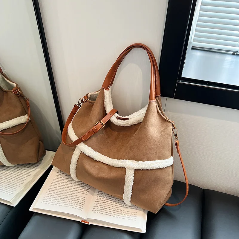 Shoulder Bag European American Retro Popular Deerskin Fleece Tote Bag Large Capacity Fashion Splicing Simple Commuter Handbag