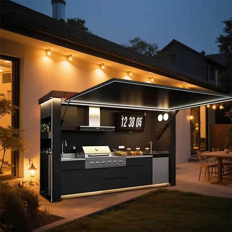 Stainless Steel 304 Outdoor Kitchen Island With Motorized Lift Up Roof And Built In Sink Fridge Grill For Patio Garden