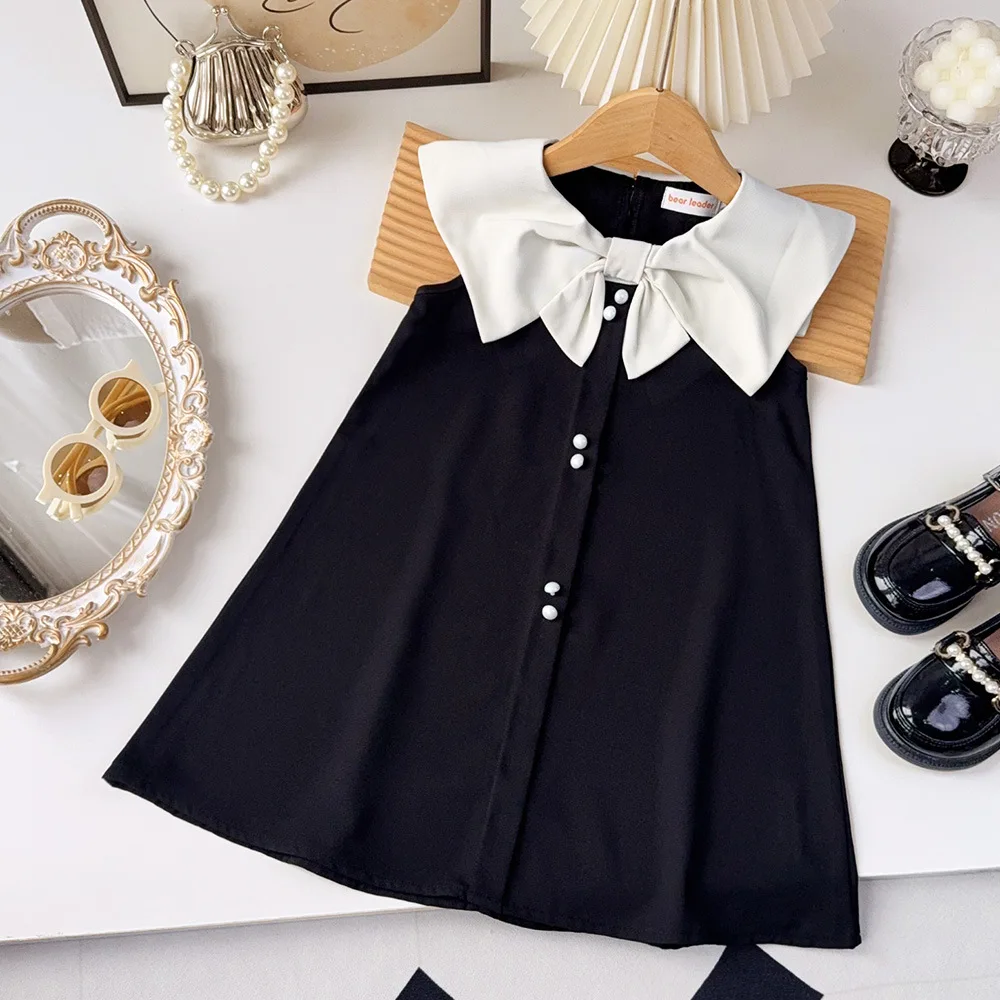 

Fashion Kids Outfits Sleeveless Baby Girls Bow Collar A Line Vest Dress For Children's Clothing Casual Daily Wear Party Clothes
