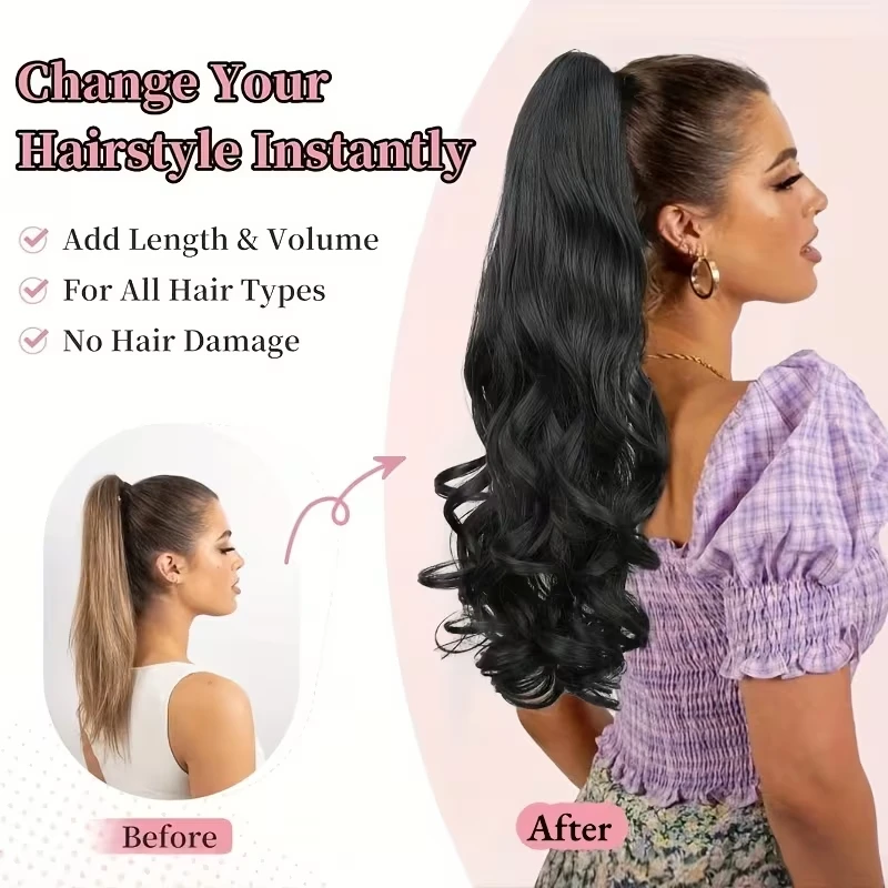 Synthetic Multicolor Ponytail Hair Extensions Long Fluffy Wavy Heat Resistant for Women Curling Pieces Daily image 5
