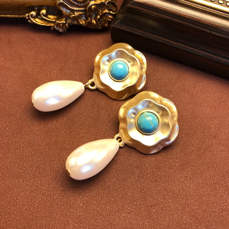 Pearl pendant earrings flower stud earrings inlaid  turquoise elegant niche design бижутерия earrings
