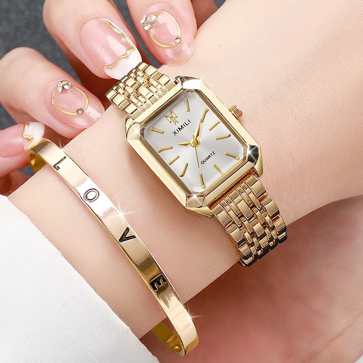 2pcs/set Women's Light Luxury Watch Set Trendy Exquisite Design Dial Quartz Watch with Romantic Bracelet Set, Girl's Best Gift