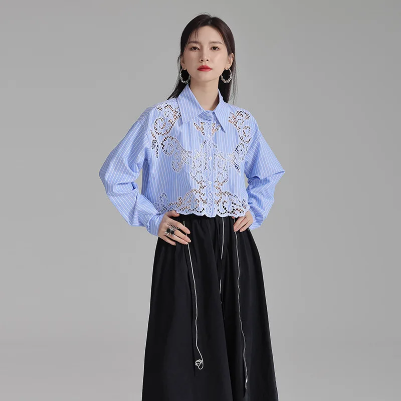 2024 New Hollow Out Design Crochet Shirt Women's Short Solid Color Chic Tops Feminine Long Sleeve High Street Cotton Slim Shirts