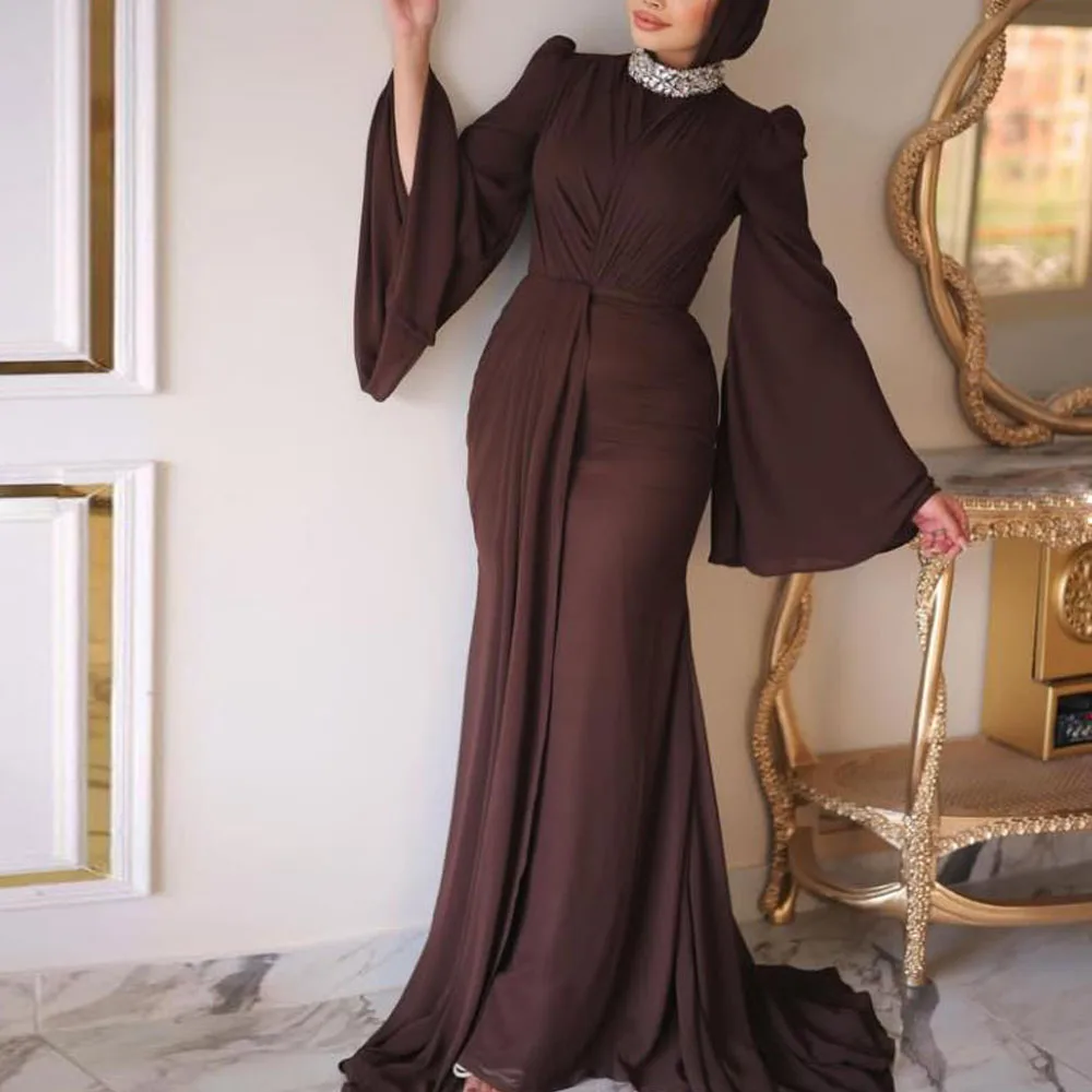 Customized Crystal Neck Muslim Evening Dresses Draped Flare Sleeve Mermaid Formal Vestidos De Novia Plus Size Long Maxi Outfits
