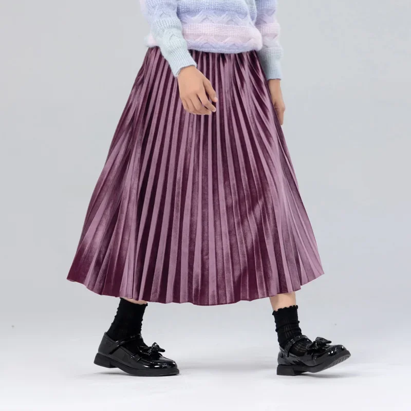 2026 Spring New Girls Velvet Warm A-Line Pleated Skirt Loose Fit Long Skirt Children Kids Clothing Velvet Skirts 8 10 12 Years