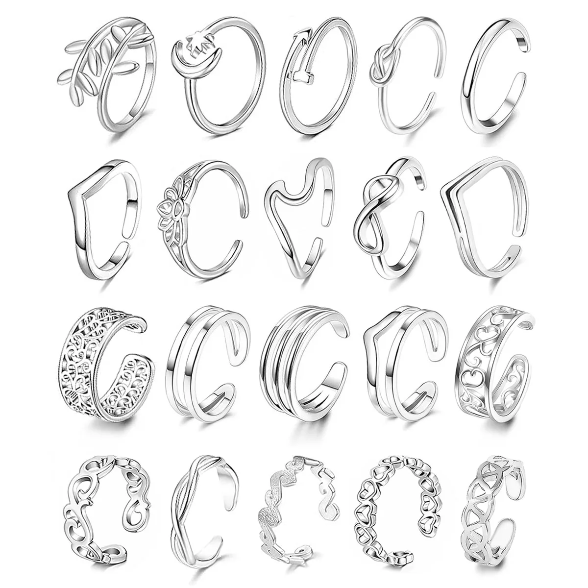 20 Piece Stainless Steel Toe Ring Set Waterproof And Resistant To Fading Multi-Style Women's Summer Beach Foot Ring