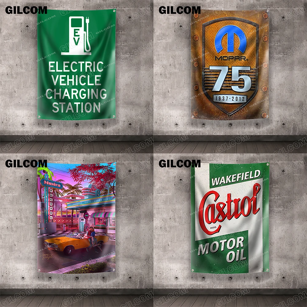 Garage Flags Motor Oil Auto Parts Motorbikes Vintage Poster For Tool Shop Repair Shop Plaque Decoration Brass Grommet Banner