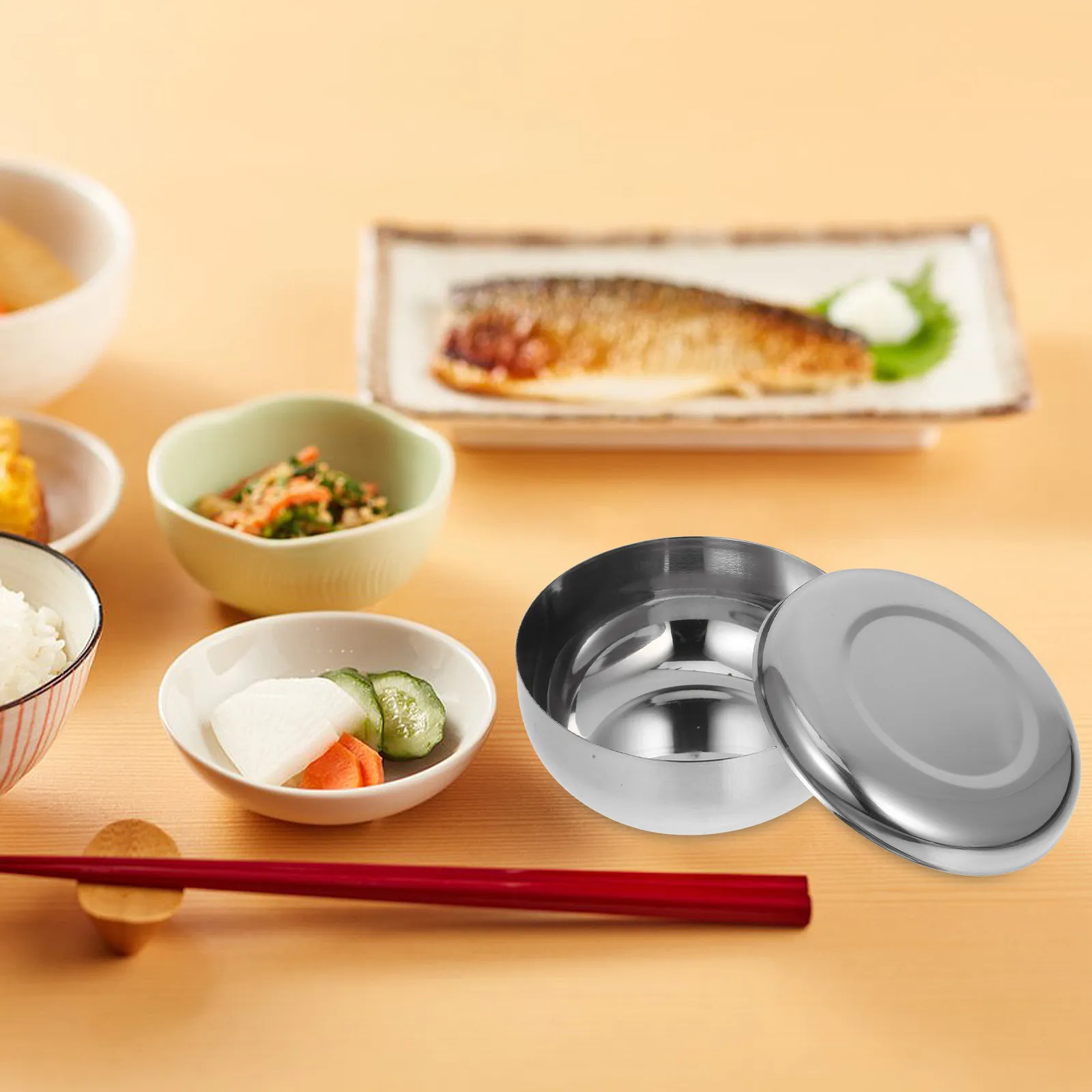 Dicke Edelstahl-Reisschüssel, isolierte Suppen- und Snackschüssel, koreanischer traditioneller Stil, mit Deckel, für Reis, Nudeln, Dessert