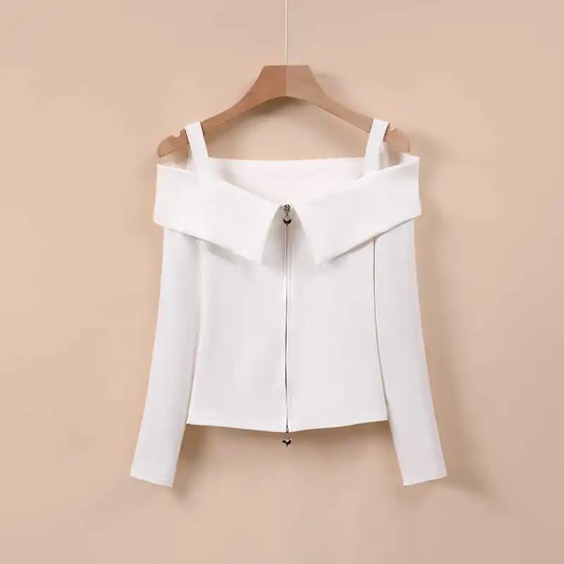 女性の裸の肩,長袖,ジッパー,痩身トップ,ニッチなデザイン,アウトドアウェア,新しいトレンドの襟