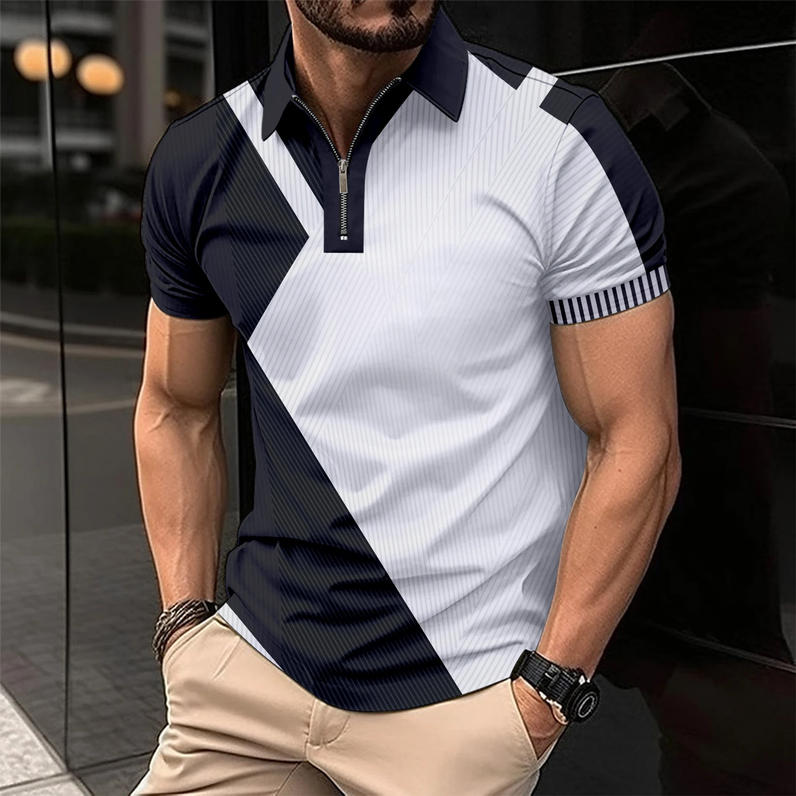 Men's new 3D Luxury print comfortable everyday Golf men's zipper short-sleeved polo shirt