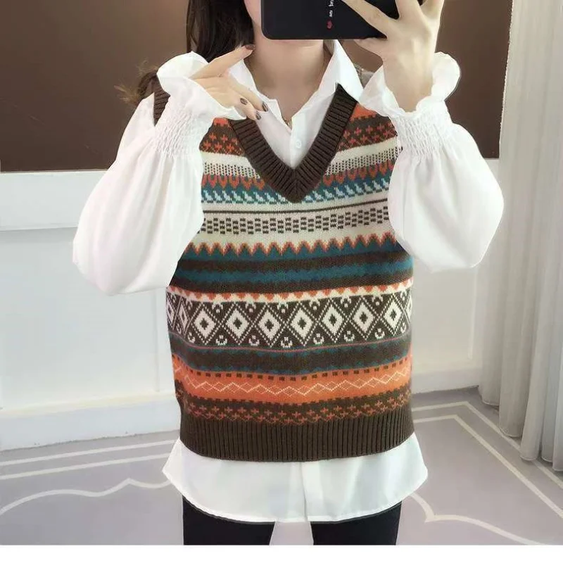 Winter Retro V-Neck Sleeveless Fair Isle Sweater Retro Elegant Knitted Vest New Women's Sweater Slim Tank Top Pullover Blouse