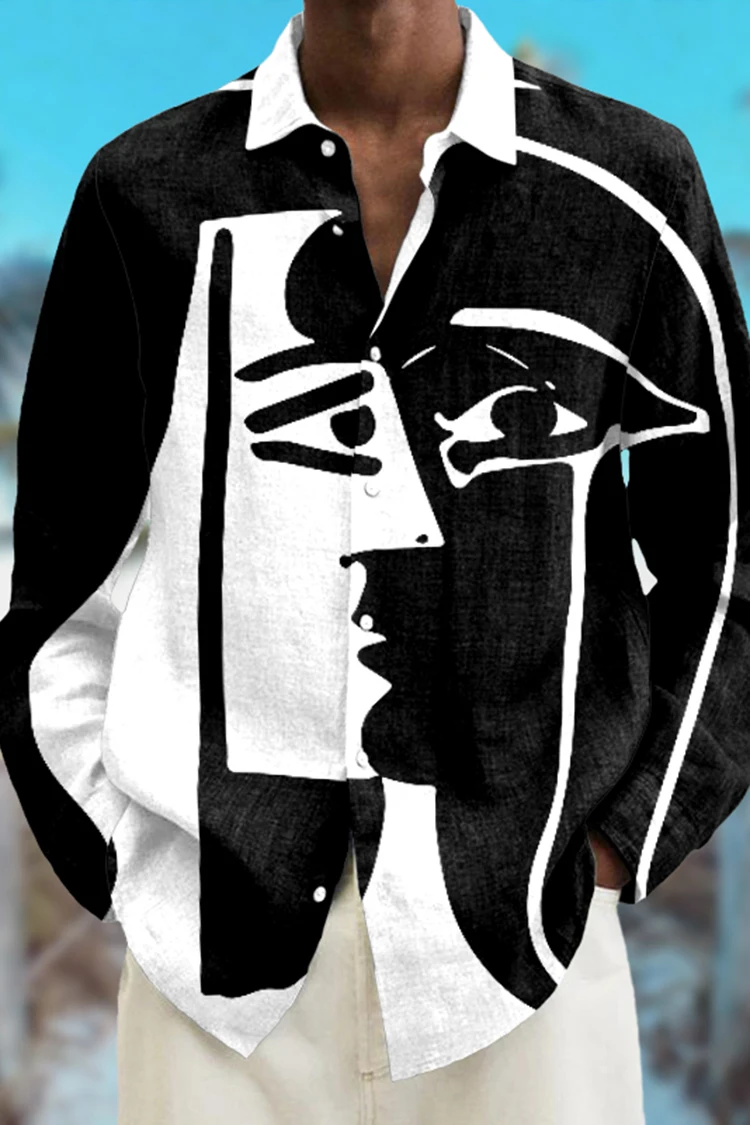 

2025 Fashion Abstract 3D Printed Long Sleeve Shirts Simple Black And White Color Scheme Men's Tops Casual Lapel Button Up Shirt