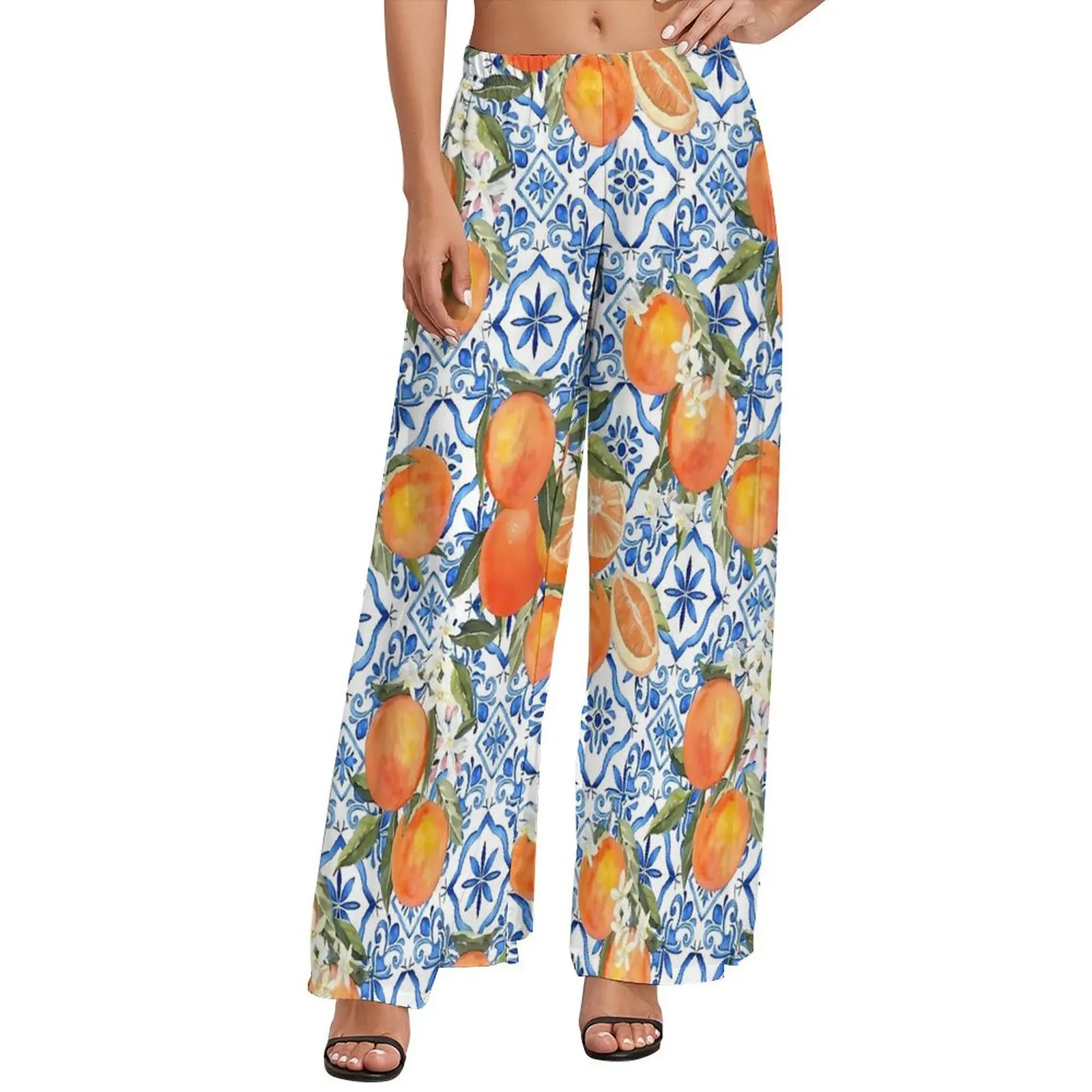 

Fruit Print Pants Female Oranges on Blue and White Tiles Beach Trousers High Waisted Sexy Wide Leg Pants Gift