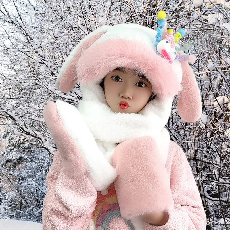 Bunny Ears Hat Scarf Plush Scarf Hat Gloves Set Women Lovely Neck Warmer Head Cover Gloves Set For Cold Weather Ear Protection