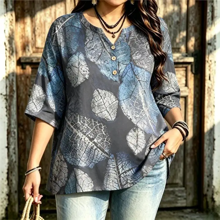 Women Vintage Ethnic Leaf Geometric Print Blouse Notched Neck 3/4 Sleeve Loose Casual Ladies Tops Retro Pattern Shirts