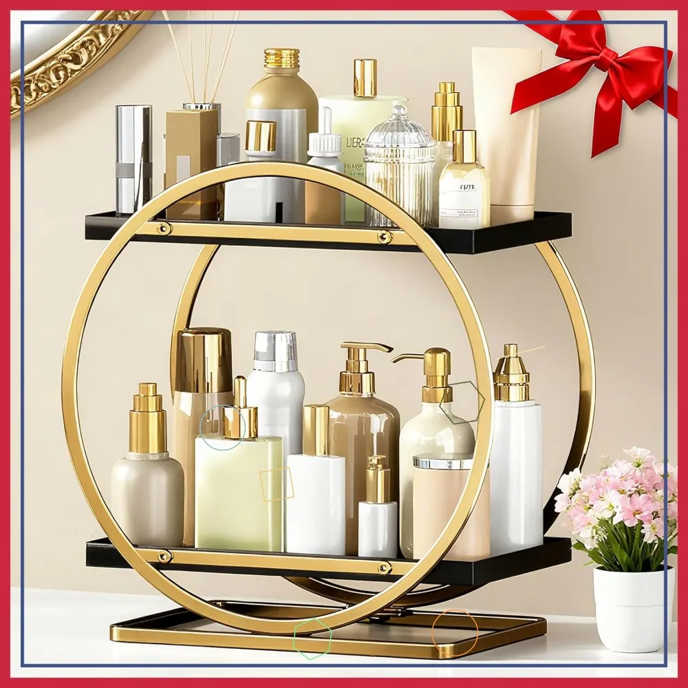 

2-Tier Black Gold Makeup Organizer, Vanity Perfume Display Shelf for Bathroom Countertop Storage