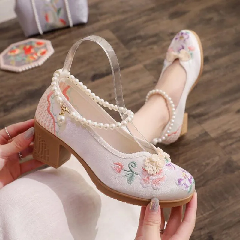 Women Vintage Pearls Ankle Strap Pump Ladies Ethnic Embroidered High Heels Spring Mary Jane Block Heel Dress Shoes for Female