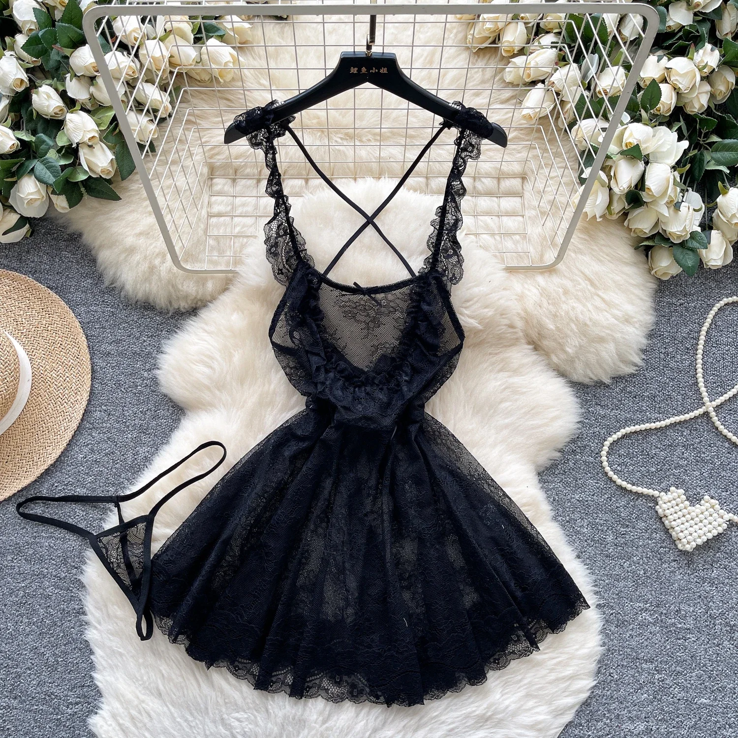 فستان نوم حسية شفافة بحزام مكشكش بتصميم فيونكة فستان ضيق على شكل حرف A + ثونج على الطراز الياباني ملابس نوم شبكية مثيرة