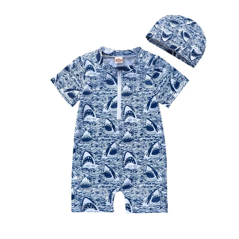 Toddler Baby Boy Rash Guard Swimsuit Shark Bathing Suit With Hat Short Sleeve Zip Up Summer  Swim Romper