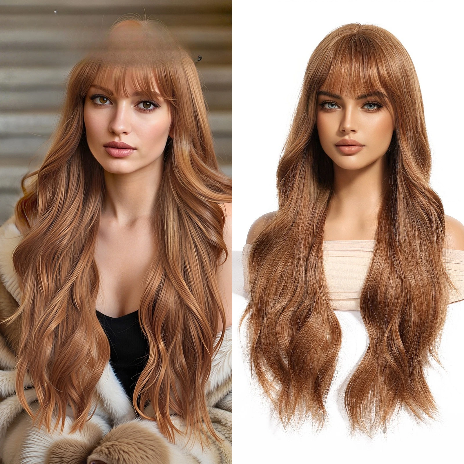 

Wig Qi Bangs Full Cover Brown Red Wig Female Long Curly Hair Rose Mesh High Temperature Silk