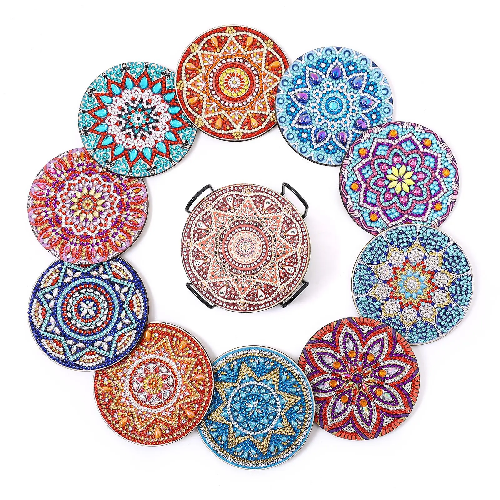 

Hot Selling 10pcs Mandala Style Handmade DIY Round Wooden Spot Drill Heat Insulation Anti Slip Coaster With Bracket