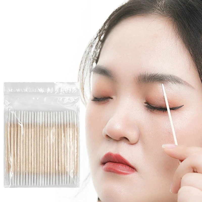 Lint Free Micro Wood Makeup Brushes Double-Pointed Disposable Ultra-Small Cotton Swab Brush Eyelash Extension Glue Removing Tool