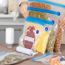 Reusable Vacuum Sealer Bags Household Plastic Clear Food Storage Seal Bag Fresh Food Zip Freezer Sealing Clips Hand Pump Bag