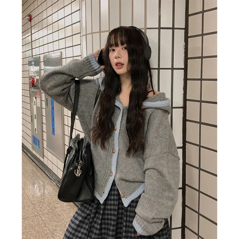 

MEXZT Harajuku Hooded Cardigan Women Streetwear Patchwork Sweater Outerwears Winter Korean Knitwears Fashion Long Sleeve Jumpers