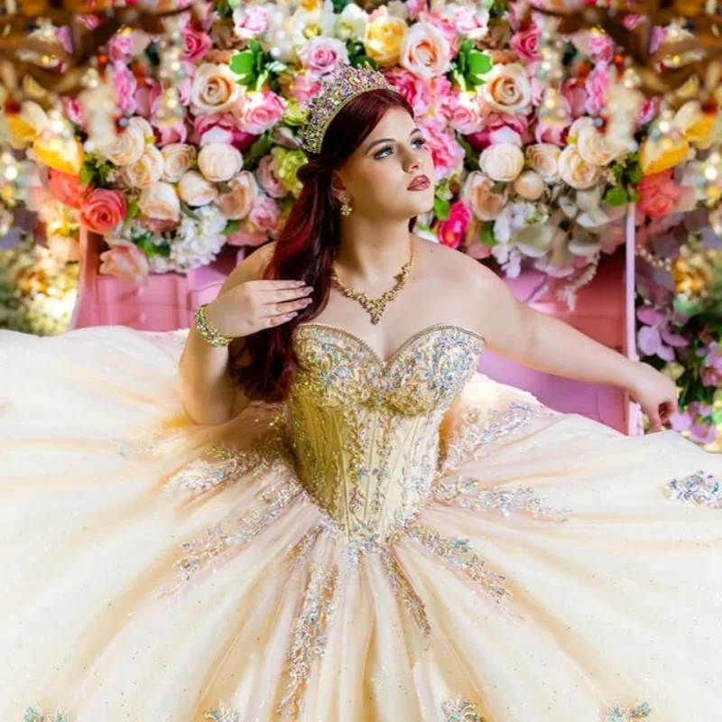 

Блестящее платье Quinceanera цвета шампанского с кружевными кристаллами и блестящими наклейками, платья de 15, Quinceanera ﻿ Индивидуальный