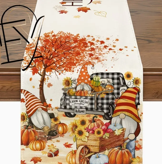 Linen Table Runner Turkey Driving Truck with Pumpkin Pie on Gray Gingham for Thanksgiving Gathering Table