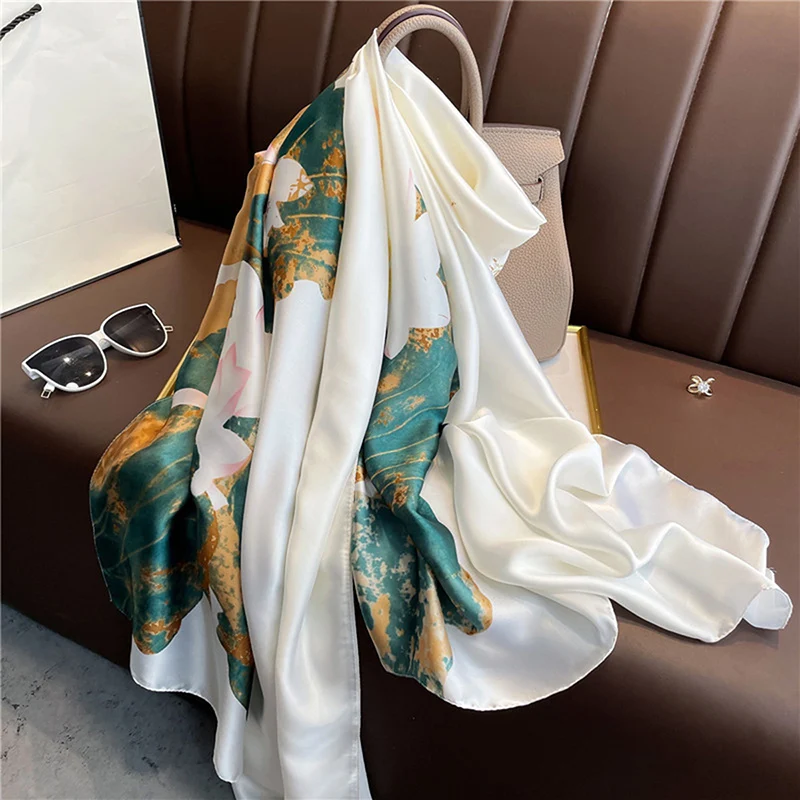 Fashion Imitation Silk Satin Scarf Printed Floral Shawl Women Lightweight Scarves Beach Travel Outdoor Sunscreen Hijab 180*85cm