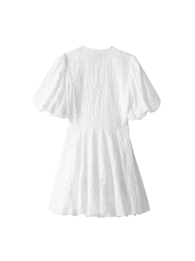 TRAF Summer Women Chic Solid Embroidery Printing Short Sleeved Dress Woman Elegant Chic V Neck Folds Mini Dresses