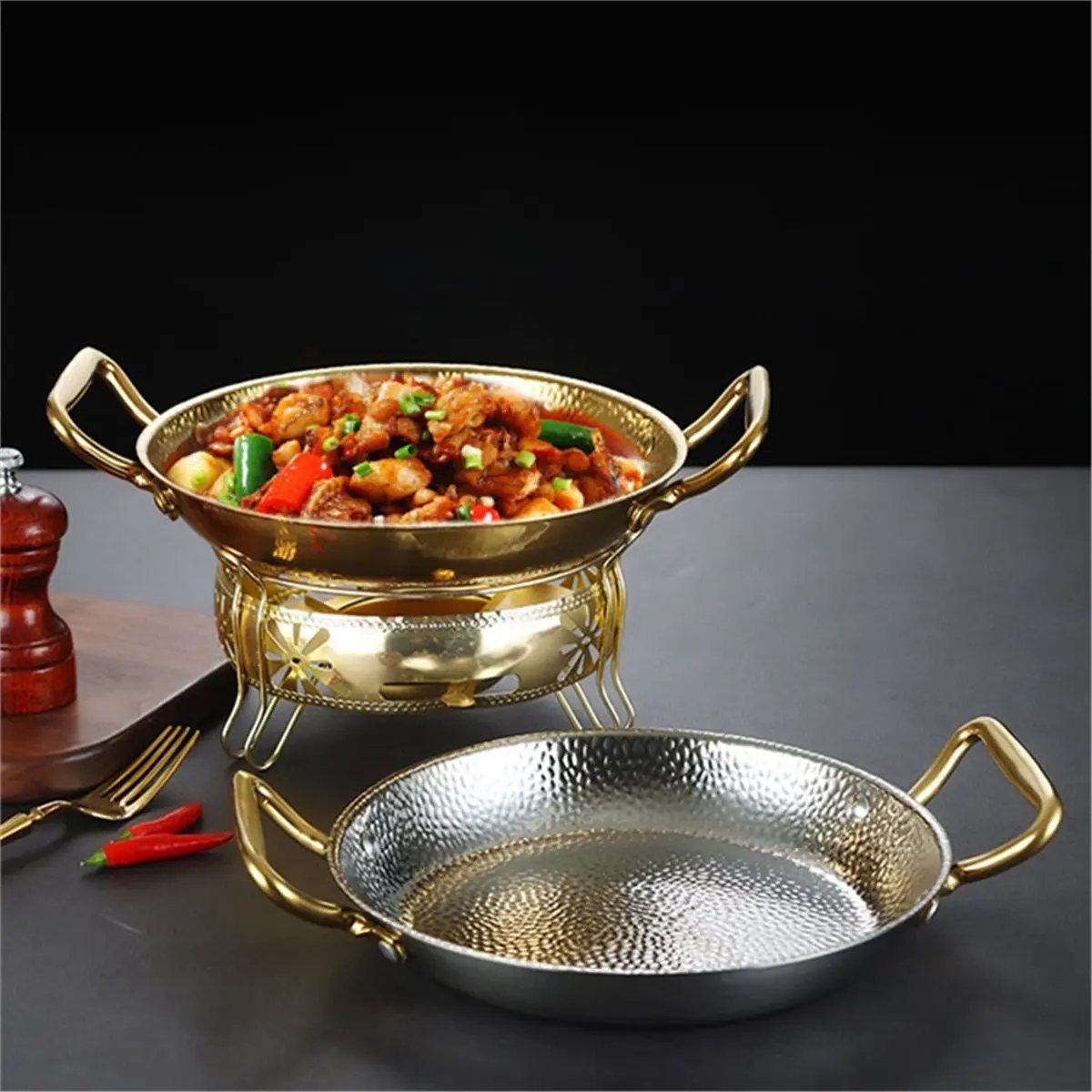 Hammered Stainless Steel Fry Pot Saucepan Hot Pot Dry Pots Seafood Fried Chicken Plate Korean Flat Kitchenware Silver