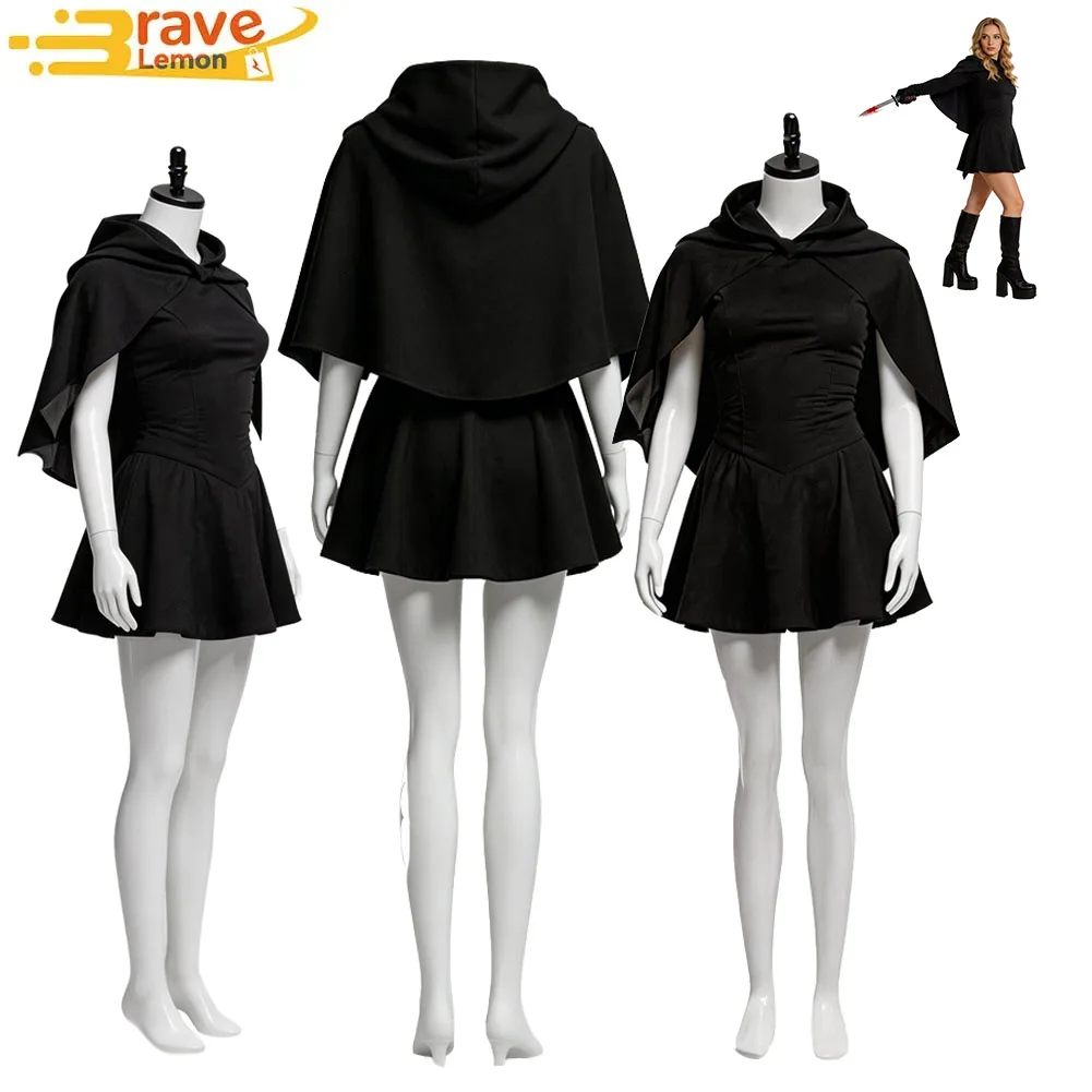 Disfraz de Cosplay de Sidney Prescott, Disfraz de TV Scream 7, Ropa para Mujer, Capa Negra con Capucha, Vestido Corto, Halloween, Carnaval, Fiesta
