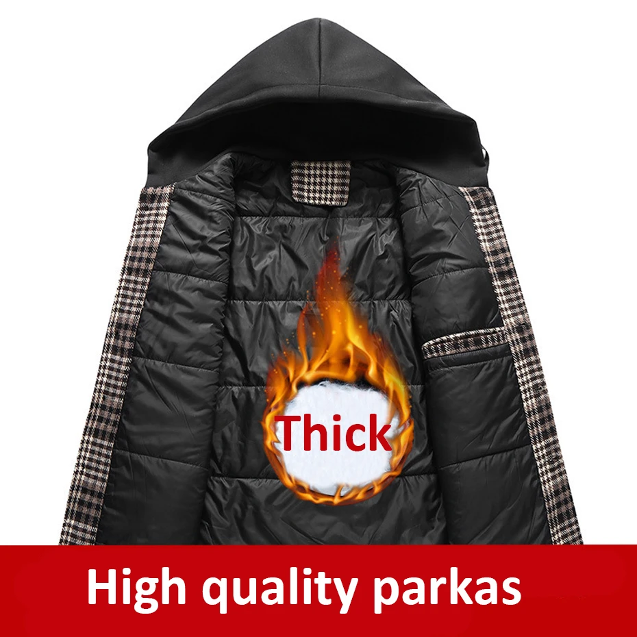 Plus Size 10XL 11XL Plaid Parkas Men Winter Thick Jacket Coat Plaid Fashion Casual Winter Hooded Jackets Big Size 11XL 10XL Male