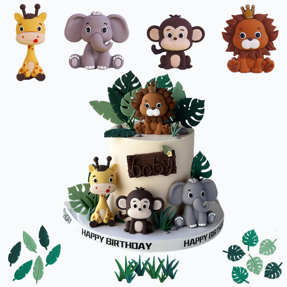 New Forest Animal Cake Topper Jungle Safari Lion Elephant Giraffe Monkey Cake Decor Birthday Party Baby Shower Gender Reveal