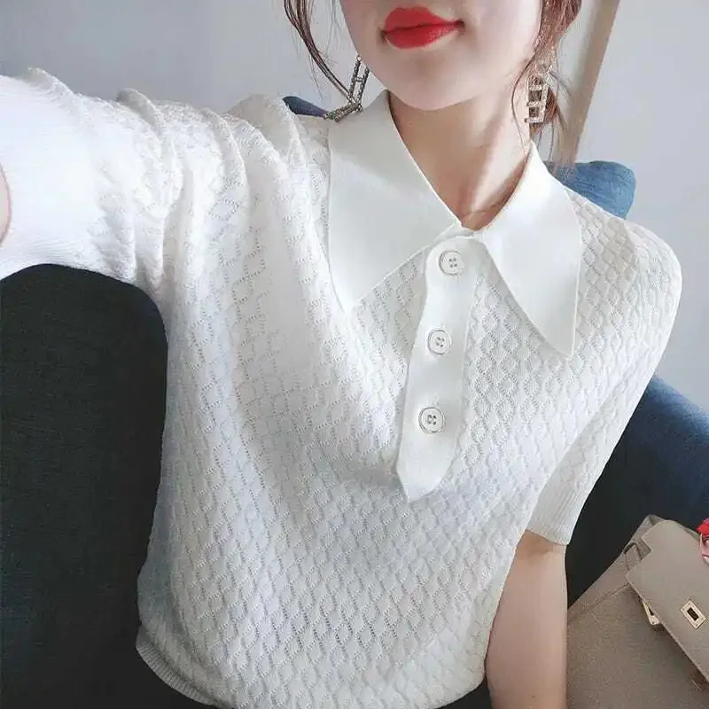 Fanan French Small Fragrance Hollow Sweater for Women Thin Loose Summer Short Sleeve POLO Lapel Short Top