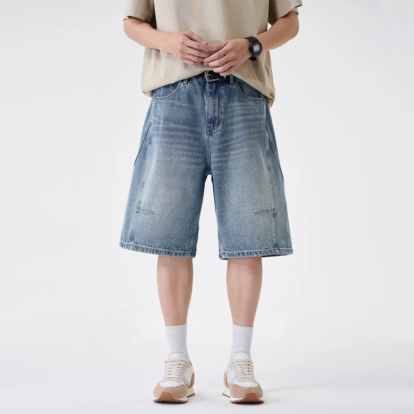 

2026 Summer Denim Shorts Men's Loose Large Size Medium Pants Heavy Washed Straight Five-Point Pants
