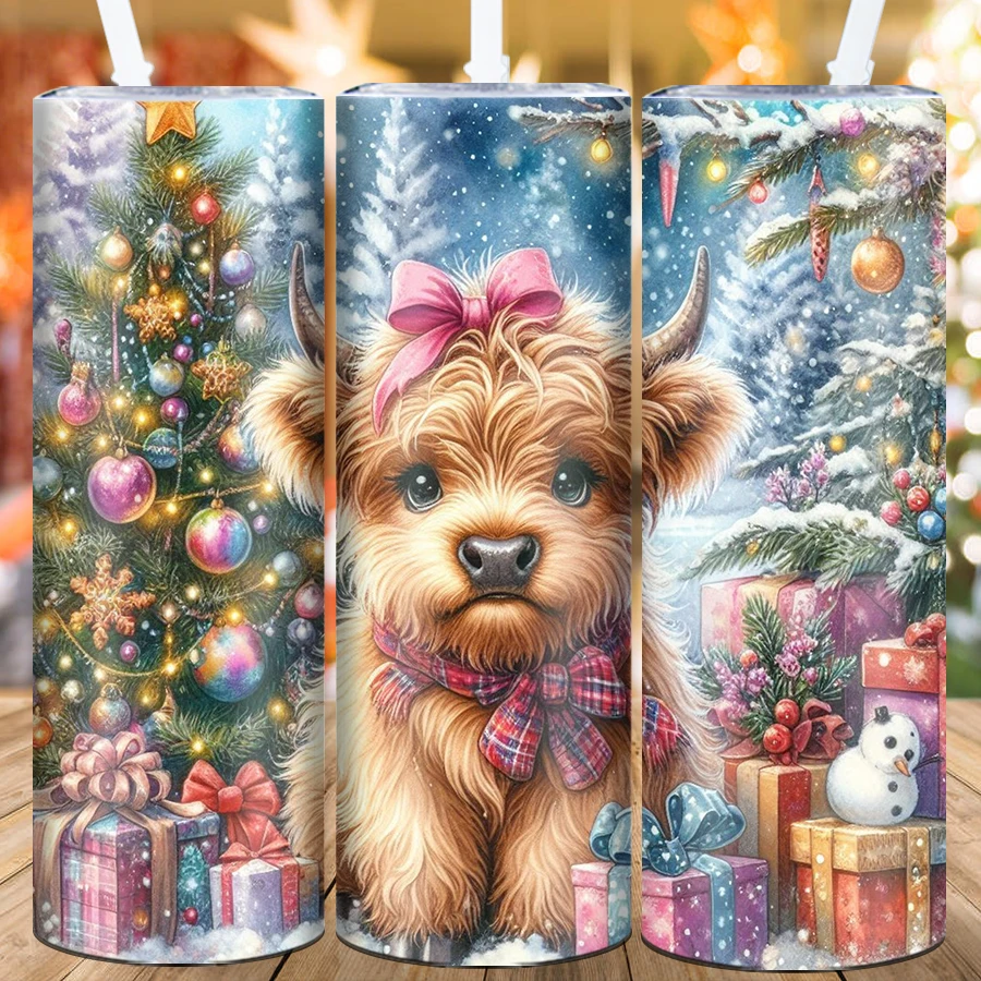 20oz 3D Print Christmas Highland Cow & Tree Skinny Party Tumblers Straw Lid 1Pc Stainless Hot Cold Insulated Mugs Vacuum Cups