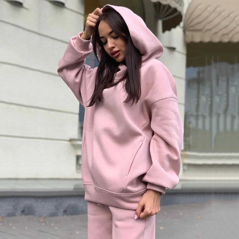 2023 Hot Selling European and American Autumn/Winter New Fashion Solid Color Hooded Hoodie Casual Two Piece Set