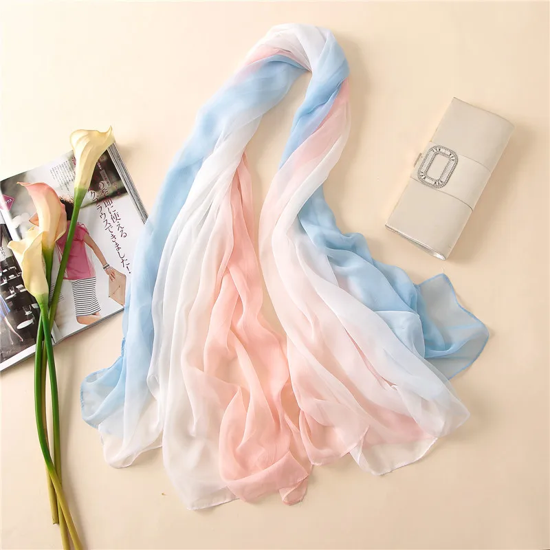 Novo cachecol feminino luxo primavera e verão praia viagem pareo protetor solar chiffon cachecol moda gradiente longo lenço de seda xale