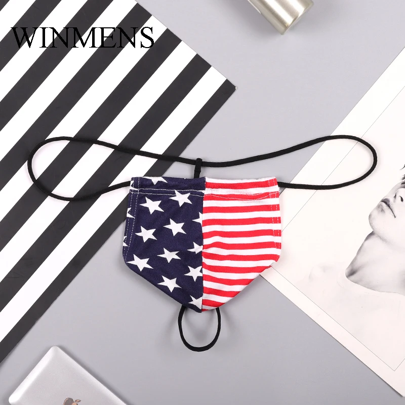 Men\'s Elastic Cotton Penis Pouch Gay American Flag Backless Mini Thongs Panties Stars and Stripes Sissy Erotic Cock Bag Strings