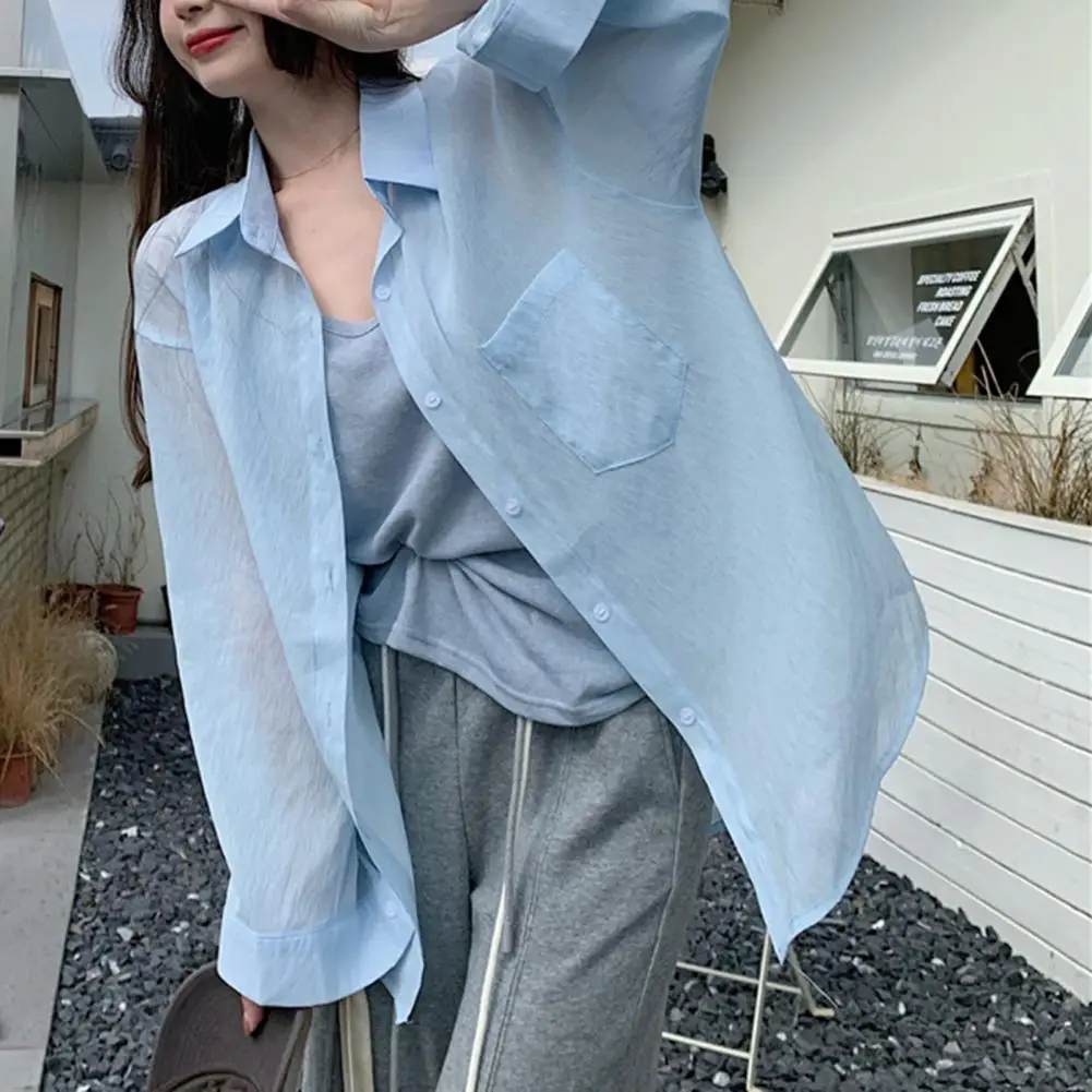 Commuting Shirt Loose Fit Mid-length Women's Summer Shirt Lapel Long Sleeve Single Breasted Solid Color Tops for Thin Sun